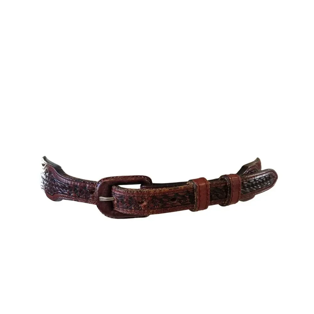 Vintage Handcrafted Western Leather Belt Mens 44 Silver Concho Tooled